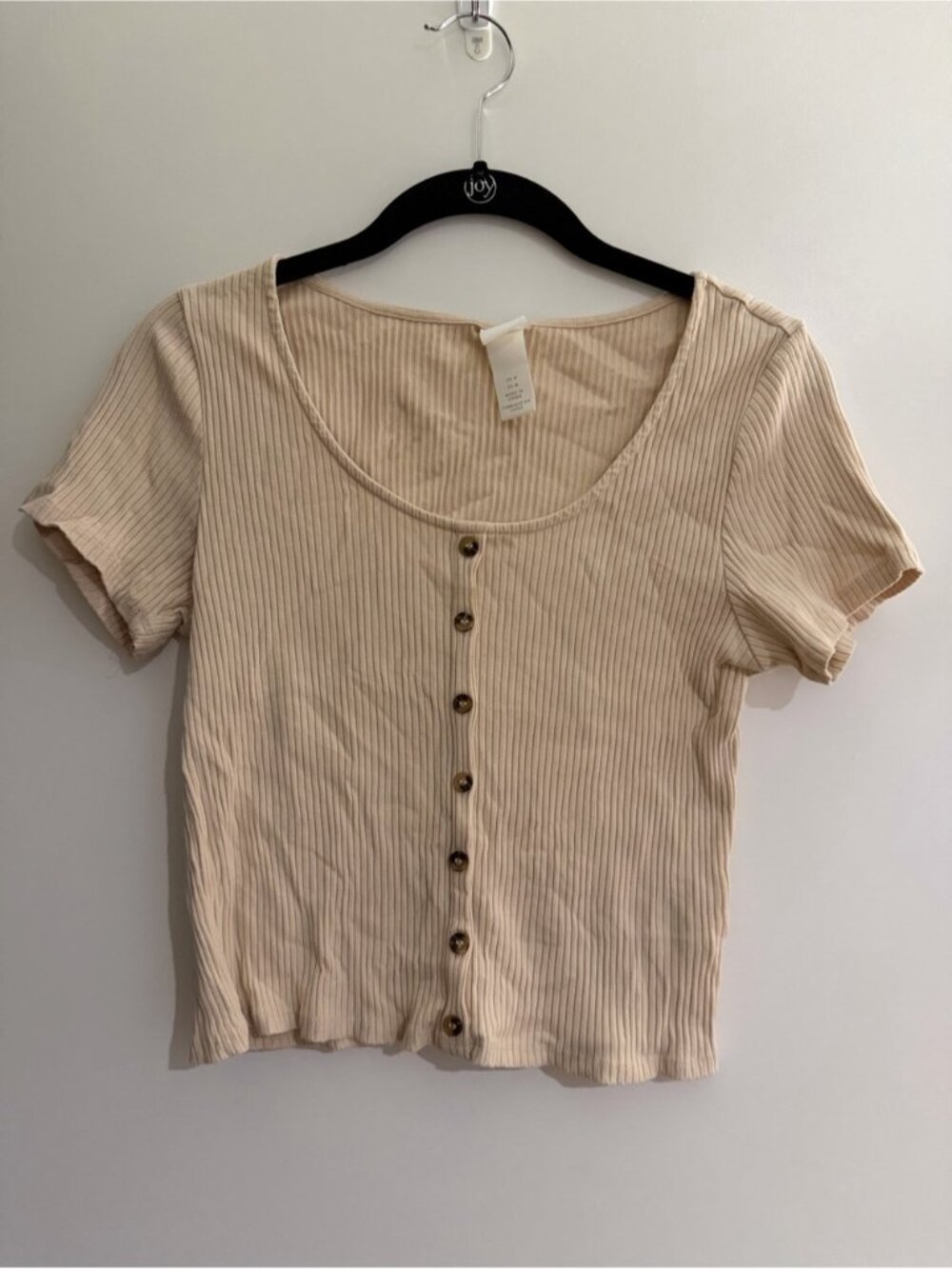 Ribbed Button-Front Crop Top in Beige